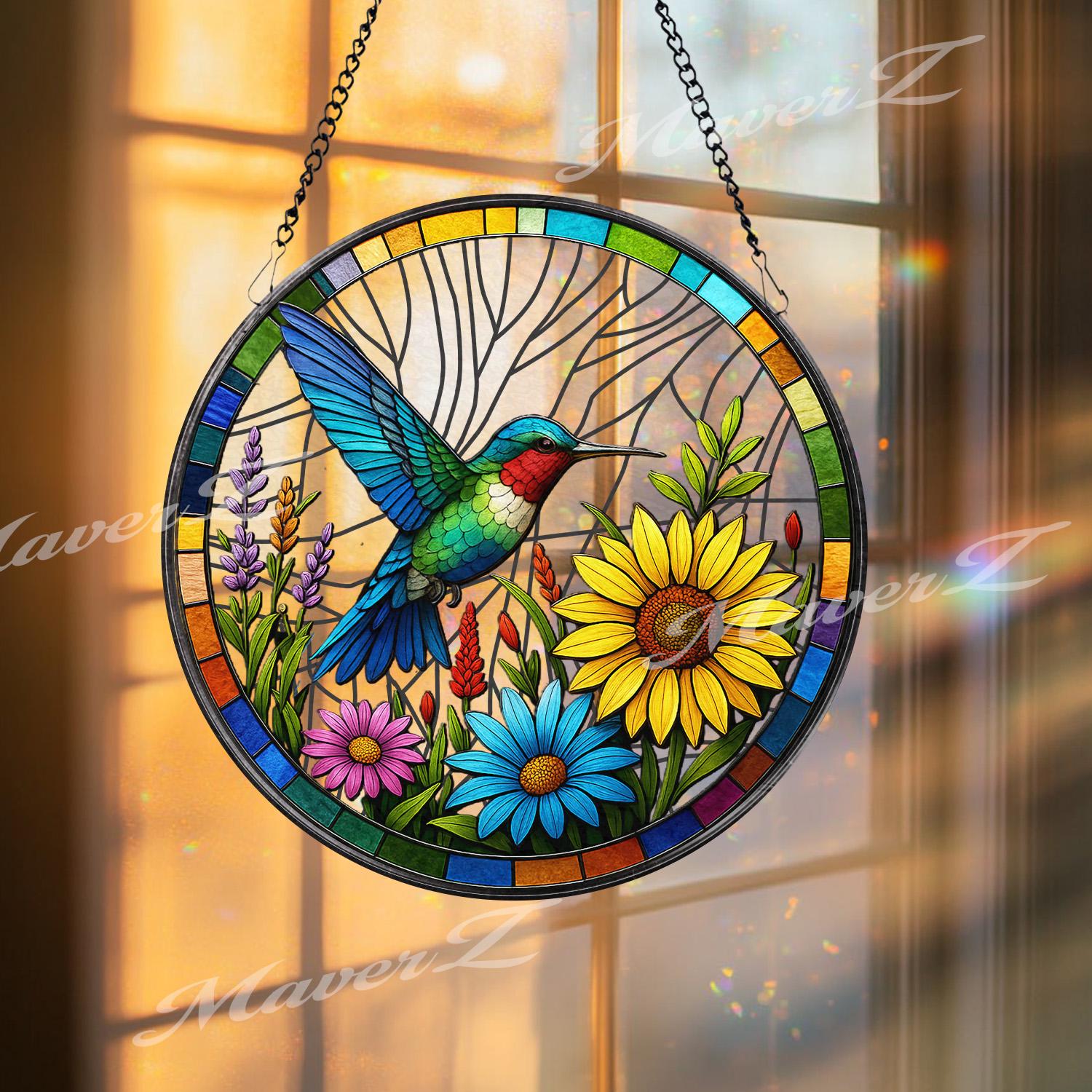 Hummingbird Stained Glass Window Panel - Colorful Suncatcher with Sunflowers - Handcrafted Bird Art Decor