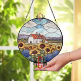 Sunflower Farm Stained Glass Suncatcher, Round Country Window Panel, Rustic Barn Scene Decor, Floral Summer Landscape Hanging Art