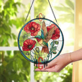 Hummingbird and Poppy Stained Glass Suncatcher, Colorful Bird and Floral Window Panel, Garden Nature Decor, Gift for Bird Lovers
