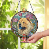Chow Chow Stained Glass Suncatcher, Lotus Flower Dog Panel, Fluffy Dog Window Decor, Art Nouveau Pet Memorial, Asian Floral Glass Art