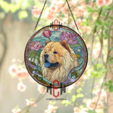 Chow Chow Stained Glass Suncatcher, Lotus Flower Dog Panel, Fluffy Dog Window Decor, Art Nouveau Pet Memorial, Asian Floral Glass Art