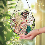 Geisha Suncatcher: Japanese Woman with Fan, Cherry Blossoms Art Panel