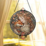 Fox and Maiden Stained Glass Suncatcher, Round Window Art Panel, Autumn Floral Hug Scene, Romantic Animal Nature Decor