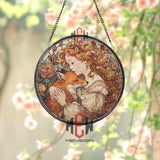 Fox and Maiden Stained Glass Suncatcher, Round Window Art Panel, Autumn Floral Hug Scene, Romantic Animal Nature Decor