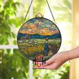 Boy and Sheep Stained Glass Suncatcher, Round Farm Landscape Window Panel, Sunset Pasture Art for Country Home Decor