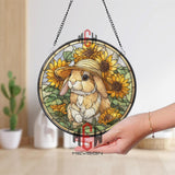 Bunny with Sunflowers Stained Glass Suncatcher, Round Window Panel, Cute Rabbit in Straw Hat Art for Cottagecore Spring Decor