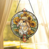 Bunny with Sunflowers Stained Glass Suncatcher, Round Window Panel, Cute Rabbit in Straw Hat Art for Cottagecore Spring Decor