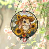 Bunny with Sunflowers Stained Glass Suncatcher, Round Window Panel, Cute Rabbit in Straw Hat Art for Cottagecore Spring Decor