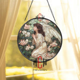 Praying Angel Stained Glass Suncatcher, Round Window Panel with Floral Garden, Spiritual Angel Art for Memorial or Faith Decor