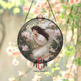 Praying Angel Stained Glass Suncatcher, Round Window Panel with Floral Garden, Spiritual Angel Art for Memorial or Faith Decor