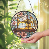 Vintage Sewing Machine Stained Glass Suncatcher: Floral Quilting Decor