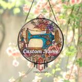 Blue Vintage Sewing Machine Stained Glass Suncatcher, Round Floral Craft Window Panel, Seamstress Gift or Studio Decor