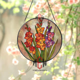Gladiolus Flower Stained Glass Suncatcher, Round Colorful Floral Window Panel, Spring Garden Bloom Art, Botanical Decor for Flower Lovers