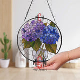 Hydrangea Bouquet Stained Glass Suncatcher, Round Pastel Floral Window Panel, Blue and Purple Flower Decor for Garden Lovers