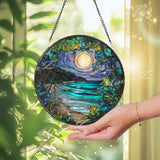 Moonlit Beach Glass Suncatcher: Coastal Night Landscape Window Art