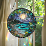 Moonlit Beach Glass Suncatcher: Coastal Night Landscape Window Art