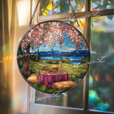 Picnic Landscape Stained Glass Suncatcher: Spring Cottage Decor