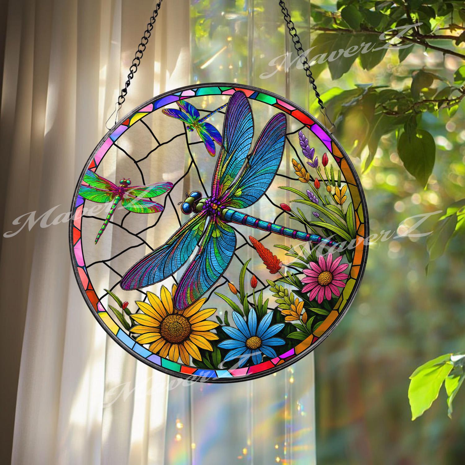 Dragonfly Stained Glass Window Panel - Colorful Suncatcher with Flowers - Handcrafted Art Decor