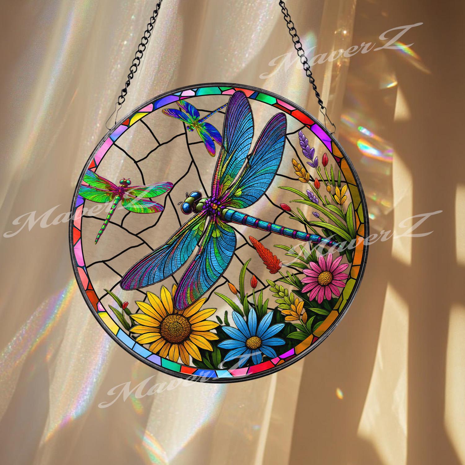 Dragonfly Stained Glass Window Panel - Colorful Suncatcher with Flowers - Handcrafted Art Decor