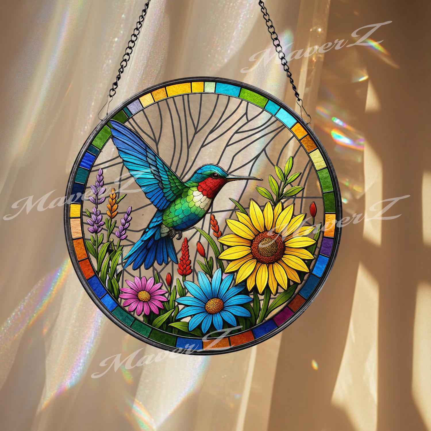 Hummingbird Stained Glass Window Panel - Colorful Suncatcher with Sunflowers - Handcrafted Bird Art Decor
