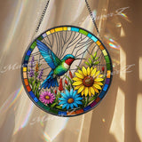 Hummingbird Stained Glass Window Panel - Colorful Suncatcher with Sunflowers - Handcrafted Bird Art Decor