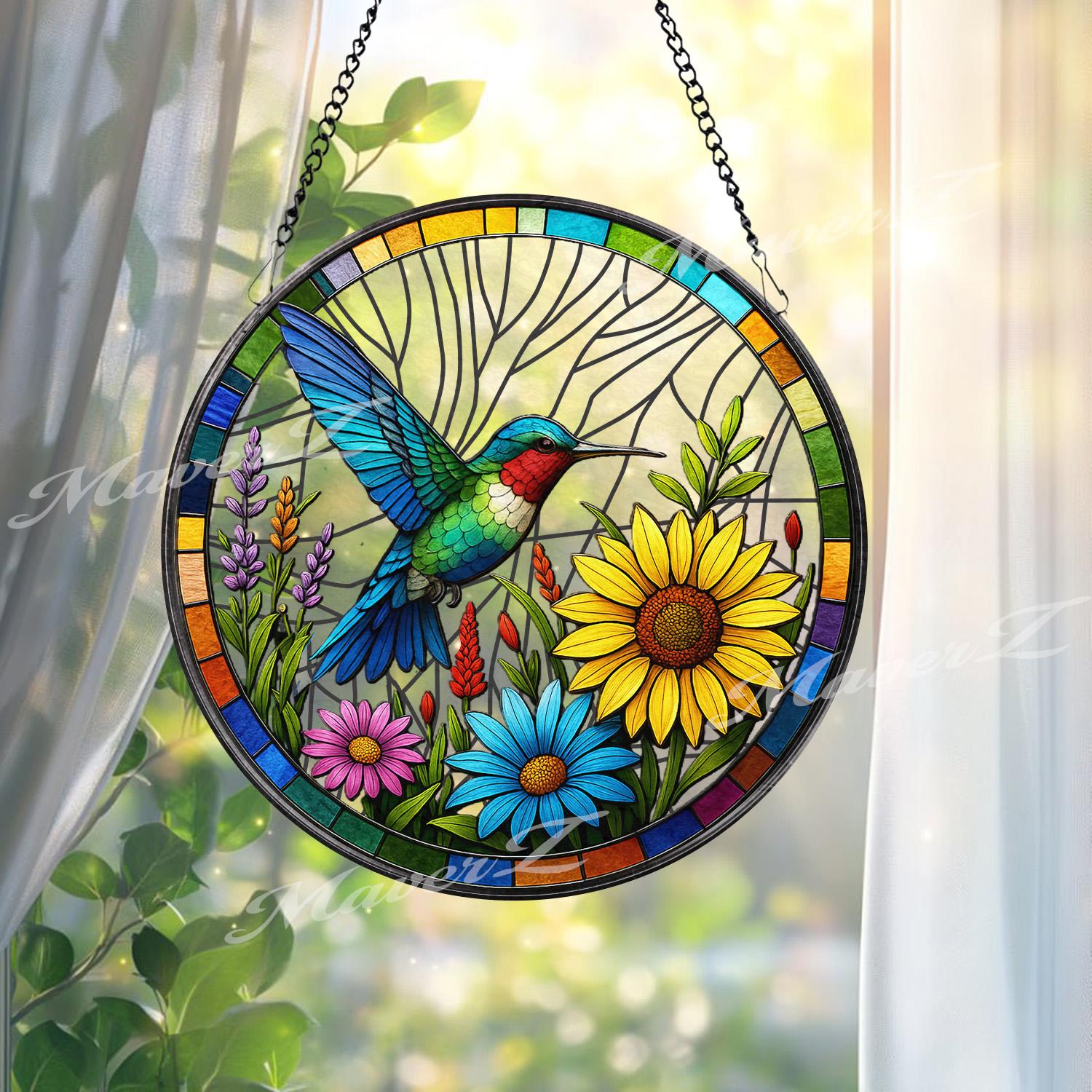 Hummingbird Stained Glass Window Panel - Colorful Suncatcher with Sunflowers - Handcrafted Bird Art Decor