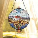 Sunflower Farm Stained Glass Suncatcher, Round Country Window Panel, Rustic Barn Scene Decor, Floral Summer Landscape Hanging Art