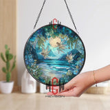Moonlit Fairy Beach Stained Glass Suncatcher, Round Fantasy Ocean Window Panel, Whimsical Night Garden Decor for Fairy Lovers