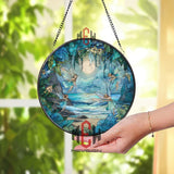 Moonlit Fairy Beach Stained Glass Suncatcher, Round Fantasy Ocean Window Panel, Whimsical Night Garden Decor for Fairy Lovers