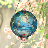 Moonlit Fairy Beach Stained Glass Suncatcher, Round Fantasy Ocean Window Panel, Whimsical Night Garden Decor for Fairy Lovers