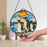 Penguin Family Stained Glass Suncatcher, Oval Ocean Wildlife Window Panel, Antarctic Animal Decor for Nature & Bird Lovers