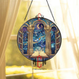 Celestial Library Stained Glass Suncatcher, Starry Book Window Panel, Fantasy Galaxy Decor for Book Lovers, Moon and Stars Reading Gift
