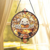 Cute Ghost in Bathtub Stained Glass Suncatcher, Kawaii Reading Spirit Round Panel, Whimsical Halloween Decor for Spooky Book Lovers
