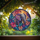 Elephant Floral Glass Suncatcher: Tropical Jungle Window Decor