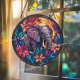 Elephant Floral Glass Suncatcher: Tropical Jungle Window Decor
