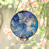 Fairy and Unicorn Stained Glass Suncatcher, Fantasy Butterfly Window Panel, Enchanted Blue Decor, Gift for Magical and Mythical Lovers