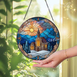 Winter Church Suncatcher: Snowy Mountain Sunset, Religious Glass Decor