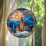 Winter Church Suncatcher: Snowy Mountain Sunset, Religious Glass Decor