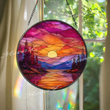 Sunset Mountain Lake Glass Suncatcher: Vibrant Landscape Window Art
