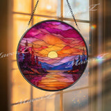 Sunset Mountain Lake Glass Suncatcher: Vibrant Landscape Window Art