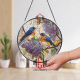 Bluebird and Lilac Stained Glass Suncatcher, Colorful Bird Window Panel, Spring Floral Round Acrylic Decor for Nature Lovers