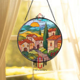 Tuscan Village Stained Glass Suncatcher, Vibrant Italian Countryside Round Window Panel, Colorful Sunlit Landscape Decor for Travel Lovers