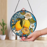 Lemon Floral Stained Glass Suncatcher, Citrus and White Rose Round Window Panel, Blue Hydrangea Kitchen Decor, Summer Fruit Gift