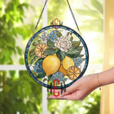 Lemon Floral Stained Glass Suncatcher, Citrus and White Rose Round Window Panel, Blue Hydrangea Kitchen Decor, Summer Fruit Gift