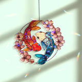 Koi Fish Yin Yang Acrylic Wavy Suncatcher, Sakura Flower Window Hanging, Zen Feng Shui Ornament for Harmony & Balance Decor