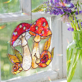 Toadstool Mushroom & Snail Faux Stained Glass Suncatcher, Whimsical Red Mushroom Window Panel, Cottagecore Nature Decor for Garden Lovers