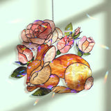 Sleeping Bunny and Roses Faux Stained Glass Suncatcher, Floral Rabbit Window Panel, Cottagecore Spring Nature Decor for Cozy Home Lovers