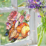 Sleeping Bunny and Roses Faux Stained Glass Suncatcher, Floral Rabbit Window Panel, Cottagecore Spring Nature Decor for Cozy Home Lovers