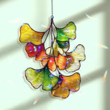 Colorful Ginkgo Leaf Faux Stained Glass Suncatcher, Autumn Botanical Window Hanging, Nature-Inspired Fall Decor for Home or Garden Lovers