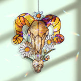 Ram Skull Acrylic Wavy Suncatcher Ornament, Gothic Daisy Floral Window Hanging, Witchy Boho Western Decor for Rustic or Alternative Homes